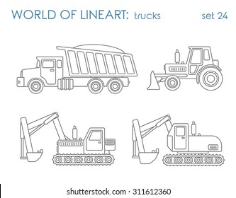 Conjunto de iconos de hipster de la línea gráfica de transporte de construcción. Gradiador tractor de la excavadora de pistolas. Colección de arte de línea.