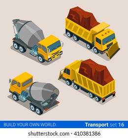 Construction transport heavy trucks. Concrete mixer, tip truck tipper lorry dumper. 3d isometric style vector illustration.