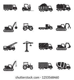 Construction Transport Icons. Black Scribble Design. Vector Illustration.