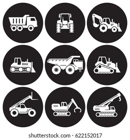Construction transport icons set. White on a black background