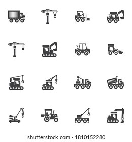 Construction transport vector icons set, modern solid symbol collection, filled style pictogram pack. Signs, logo illustration. Set includes icons as delivery truck, hook crane, industrial vehicle