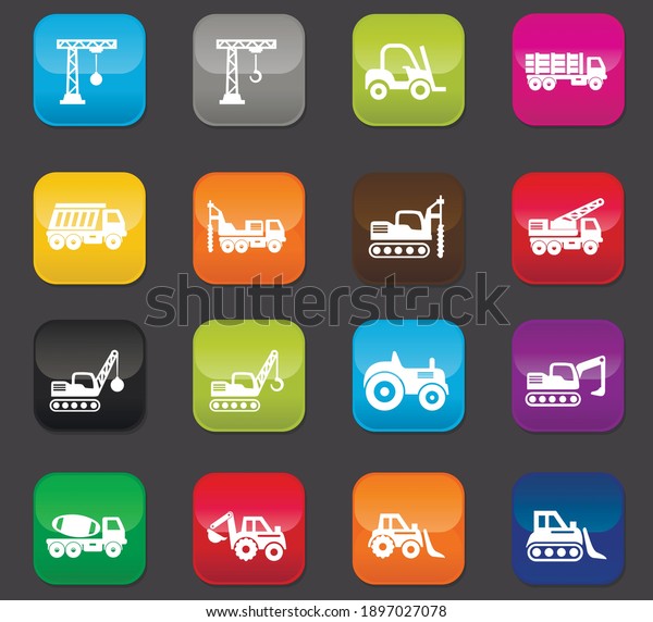 Construction transport vector icons\
for user interface design. Colored buttons on a dark\
background