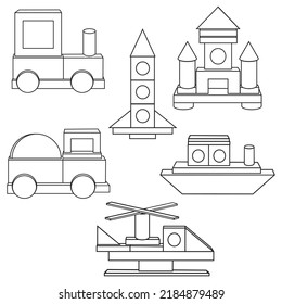 Construction of transport from wooden cubes, black outline, coloring, vector isolated illustration in flat style