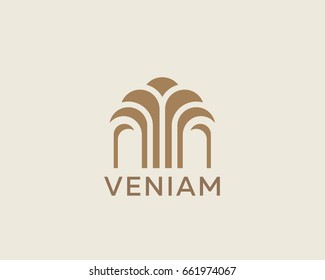 Construction tree business logo design. Premium real estate finance landscape sign. Pavilion, apartment, house, home vector logotype