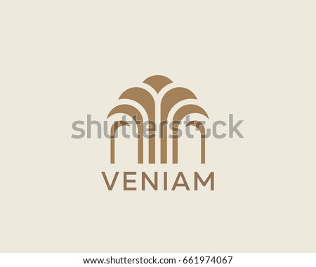 Construction tree business logo design. Premium real estate finance landscape sign. Pavilion, apartment, house, home vector logotype