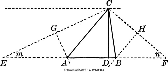 Konstruktion des Dreiecks mit den Ecken E, C, F und Höhe-CD, Vintage-Linienzeichnung oder Graviergrafik.