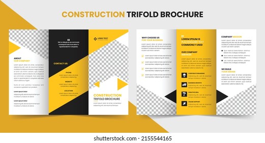 Plantilla de folletos de construcción o perfil de la empresa, Folleto de construcción empresarial, Propuesta comercial, diseño de tríptico de renovación de viviendas o folleto sobre bienes inmuebles