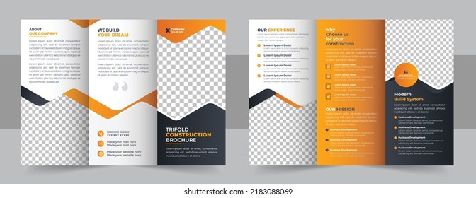 Diseño de plantillas de folletos de construcción triplio, plantilla de folletos triplicados para empresas de construcción, diseño de folletos inmobiliarios. moderno vector de diseño de plantillas de folletos de negocios triplicados