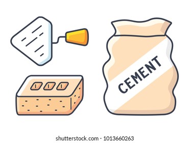 Construction trowel, brick, and cement bag isolated.