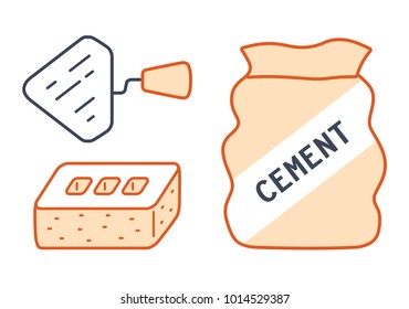 Construction trowel, brick, and cement bag icons.