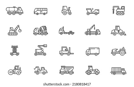 Construction truck line icon set. Garbage container trailer transport vehicle heavy cargo construction industry line icon.