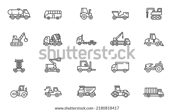 Construction\
truck line icon set. Garbage container trailer transport vehicle\
heavy cargo construction industry line\
icon.