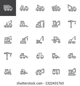 Construction truck line icons set. linear style symbols collection, outline signs pack. vector graphics. Set includes icons as crane, equipment, industry, bulldozer, tractor, excavator machinery  