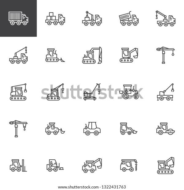 Construction truck line icons set. linear style symbols\
collection, outline signs pack. vector graphics. Set includes icons\
as crane, equipment, industry, bulldozer, tractor, excavator\
machinery  