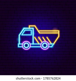 Cartel de la neón del camión de construcción. Ilustración vectorial de la promoción del transporte.
