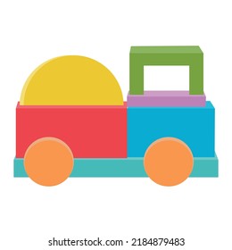 Camión de construcción con arena hecha de cubos de madera de color, ilustración vectorial aislada en estilo plano