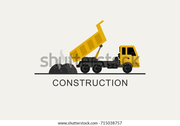Construction truck unloads asphalt. Construction
machinery in flat
style.