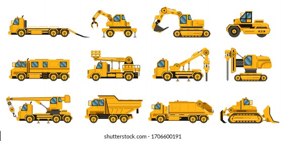 Construction trucks. Equipment building trucks, excavation crane truck, tractors and bulldozers, large engine isolated vector illustration set