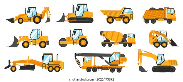 Construction trucks. Heavy industrial vehicles for digging, mining, lifting and transportation. Building transport. Crane excavator and grader. Yellow work lorry. Vector machinery set
