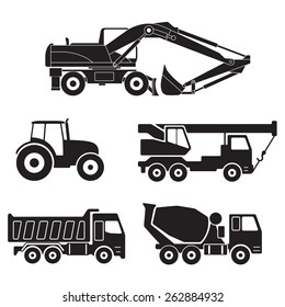 Construction trucks icons set isolated on white background. Vector collection of heavy equipment: Concrete mixer truck, Truck crane, Dump truck, Tractor and Excavator.