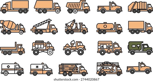 Construction trucks and machinery icons