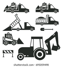 Construction trucks and tractor icons or signs set isolated on white background. Construction transportation silhouette, vector illustration.