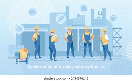 Construction of Turnkey Country Houses Service. Group of Engineers in Working Robe and Helmets with Building Equipment Tools. Carpenter Repairman, Builder, Home Master Cartoon Flat Vector Illustration