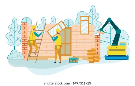 Construction of Turnkey Country Houses Service. Group of Engineers in Working Robe and Helmets with Building Equipment Tools. Carpenter Repairman, Builder, Home Master Cartoon Flat Vector Illustration