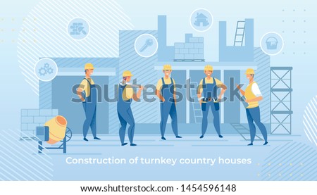Construction of Turnkey Country Houses Service. Group of Engineers in Working Robe and Helmets with Building Equipment Tools. Carpenter Repairman, Builder, Home Master Cartoon Flat Vector Illustration Foto d'archivio © 