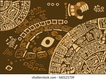 Construction Of The Universe.Calendar Fragment Of Ancient Civilizations.
Images Of Characters Of Ancient American Indians.The Aztecs, Mayans, Incas.