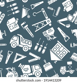 Construction - Vector background (seamless pattern) of silhouettes building, crane, truck, bulldozer, saw, wrench, shovel and other tool for graphic design