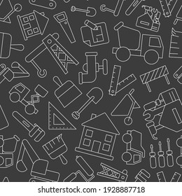 Construction - Vector background (seamless pattern) of building, crane, truck, bulldozer, saw, wrench, shovel and other tool for graphic design