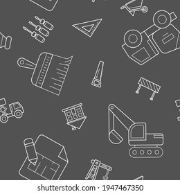 Construction - Vector background (seamless pattern) of building, crane, truck, bulldozer, saw, wrench, shovel and other tool for graphic design