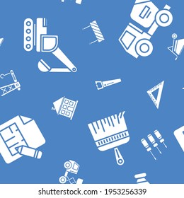 Construction - Vector background (seamless pattern) of silhouettes building, crane, truck, bulldozer, saw, wrench, shovel and other tool for graphic design