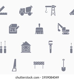 Construction - Vector background (seamless pattern) of silhouettes building, crane, truck, bulldozer, saw, wrench, shovel and other tool for graphic design