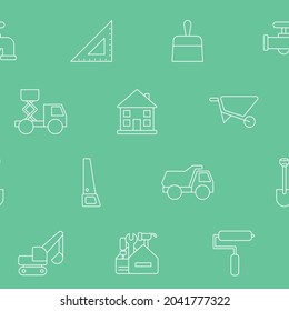 Construction - Vector background (seamless pattern) of building, crane, truck, bulldozer, saw, wrench, shovel and other tool for graphic design