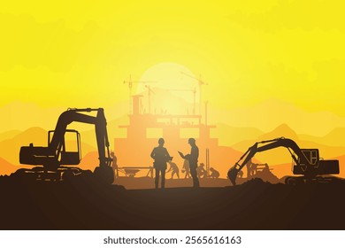 Construction vector background, Worker in a building site, Labour day background.	