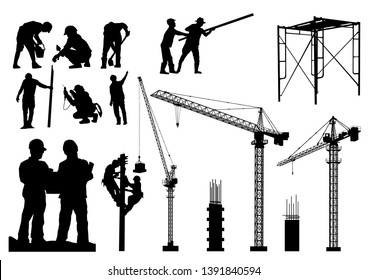 Construction vector background, Worker and cranes silhouettes isolated on white background.