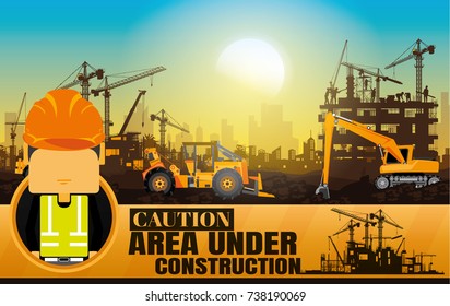 Construction vector background,Illustration Tractor plowing a area for construction,Book Cover Design.