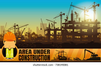 Construction vector background,Illustration Tractor plowing a area for construction,Book Cover Design.