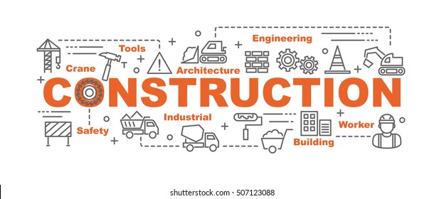construction vector banner design concept, flat style with thin line art construction icons on white background
