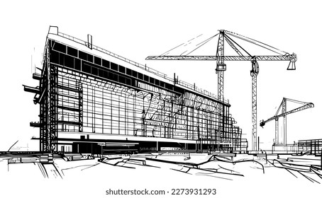 Ilustración de línea negra vectorial de construcción aislada blanca. Dibujo artístico