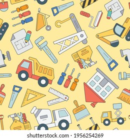 Construction - Vector color background (seamless pattern) of building, crane, truck, bulldozer, saw, wrench, shovel and other tool for graphic design