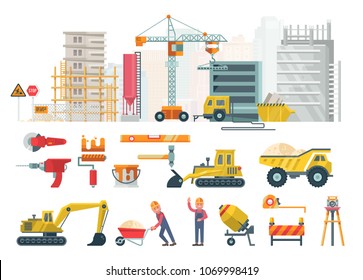 Construction vector flat illustration. Building poster in modern style.