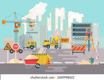 Construction vector flat illustration. Building poster in modern style.