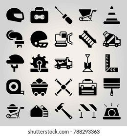 Construction vector icon set. barrier, ladder, saw and helmet