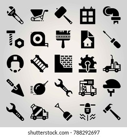 Construction vector icon set. brickwall, helmet, measuring tape and demolition