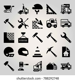 Construction vector icon set. container, toolbox, auction and tractor