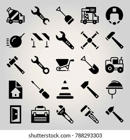Construction vector icon set. demolition, toolbox, truck and barrier