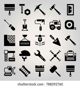 Construction vector icon set. driller, crane, container and wrench